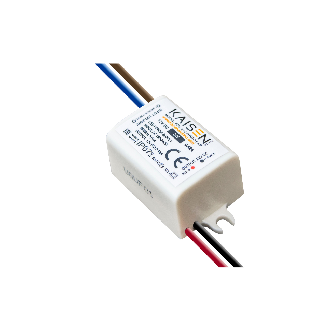 Das KAISEN KPS-V12-5W67-5Y-RP (5W/12V) LED-Netzteil überzeugt durch die kleine Bauform, IP67 und 5 Jahre Herstellergarantie
